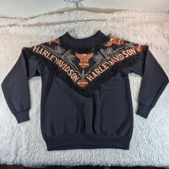 Vintage Harley Davidson Fringe Sweatshirt Black & Orange Graphic Biker Crewneck - Picture 7 of 11